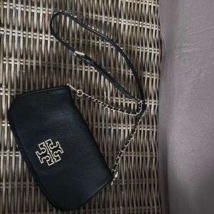 Tory Burch Black Leather Wristlet with Gold Chain